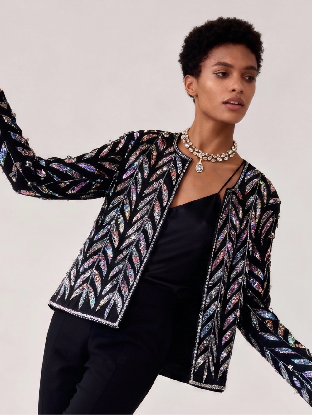 Black Sequin Leaf-Pattern Evening Jacket